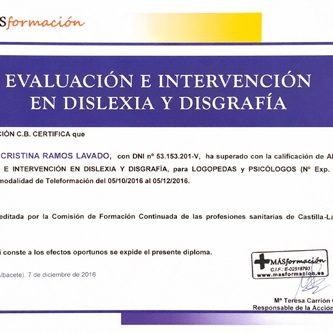 Evaluación e intervención de dislexia y disgrafía.